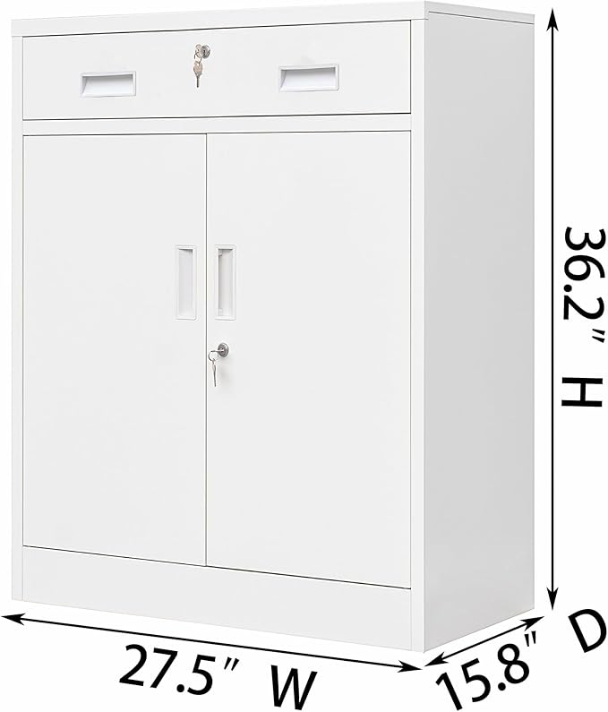Metal Storage Cabinet with Drawer, 36" H White Locking Metal Cabinet, Adjustable Shelf File Cabinet Cabinet with Doors for Home Office, Garage, Warehouse, Laundry Room, Basement