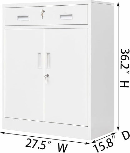 Metal Storage Cabinet with Drawer, 36" H White Locking Metal Cabinet, Adjustable Shelf File Cabinet Cabinet with Doors for Home Office, Garage, Warehouse, Laundry Room, Basement