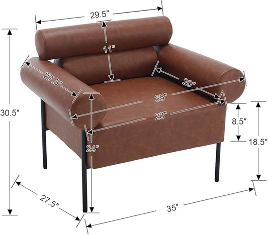 Modern Accent Chairs Set of 2, Single Sofa Accent Chairs for Living Room, Oversized Upholstered Leather Mid-Century Office Reading Armchairs with Channel Tufted for Bedroom, Brown