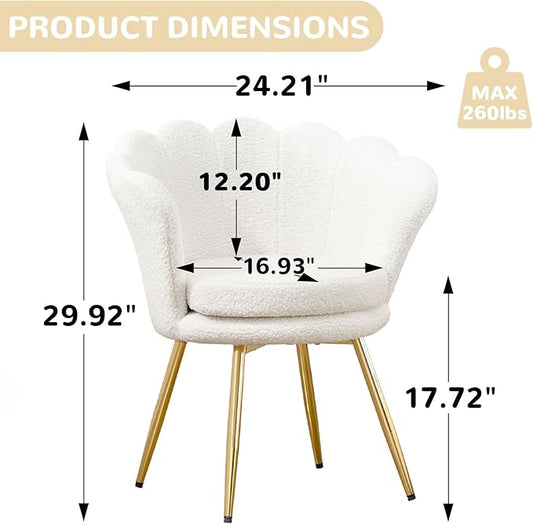 Teddy Vanity Chair with Back, Mid-Century Modern Small Accent Chair for Living Room, Golden Metal Legs Upholstered Boucle Makeup Chair, 1Pcs Bedroom Armchair, White