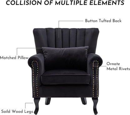 Accent Reading Arm Chairs Midcentury Modern Comfy Corner Sofa Chair, Wingback Waiting Room Club Chair with Tufted Back for Living Room/Bedroom/Reception Room, Velvet Black