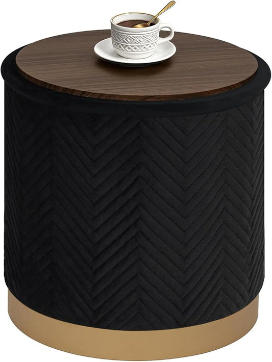 B FSOBEIIALEO Ottoman with Stroage, Round Velvet Storage Ottoman with Gold Plating Base,Foot Rest Stool for Dorm Room, Living Room Black, 16.73"x16.73"x17.72"