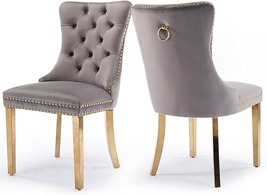 Velvet Upholstered Dining Chairs Set of 2, Modern Style Kitchen Side Chairs with Nailhead Trim and Gold Plated Leg, Metal Pulling Ring for Dining Room Living Room(Gery-Gold Plated Leg)