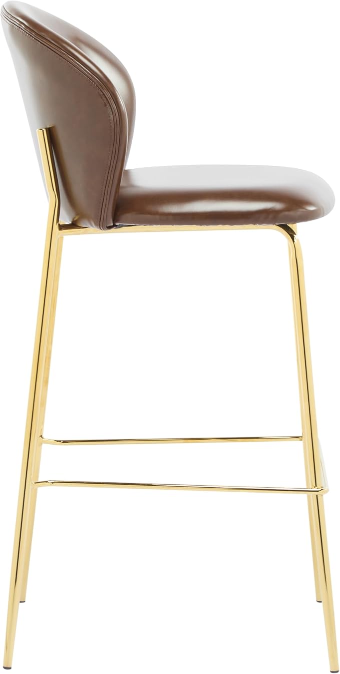 Christopher Knight Home Kira Indoor Upholstered Barstool with Metal Frame Set of 2, Bar Chairs Kitchen Stools, Comfy Faux Leather Bar Seating for Island Kitchen, 29.5''Seat Height, Dark Brown+Gold