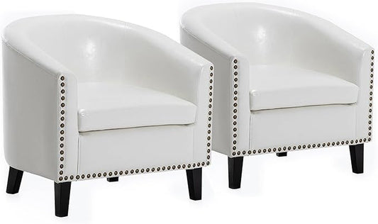 BELLEZE Accent Barrel Chairs Set of 2, Modern Tub Club Chairs Upholstered Armchairs for Living Room, Faux Leather Chairs with Gold Nail Head Trim Black Legs - Kyara (White)