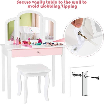 Costzon Kids Vanity, Girls Vanity Set with Tri-Folding Mirror, Stool, Storage Drawer, Princess Toddler Makeup Vanity Desk Dressing Table, Wooden Kids Vanity Table and Chair Set (White)