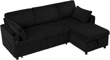 84" Corduroy Pull Out Sofa Bed w/Adjustable Backrests, Sectional L-Shape Sleeper Sofa w/Storage Chaise, Convertible Couch Bed w/USB Charging Port & Cup Holders for Living Room, House, Black