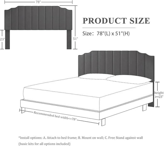 King Size Headboard Only, Velvet Wall Mounted Headboard King/California for Adjustable Bed Modern Upholstered Head Board Easy Assembly, Dark Gray