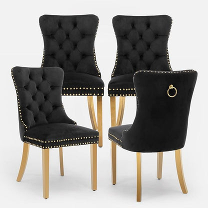 Velvet Upholstered Dining Chairs Set of 4, Modern Style Kitchen Side Chairs with Nailhead Trim and Gold Plated Leg, Metal Pulling Ring for Dining Room Living Room(Black,Set of 4)