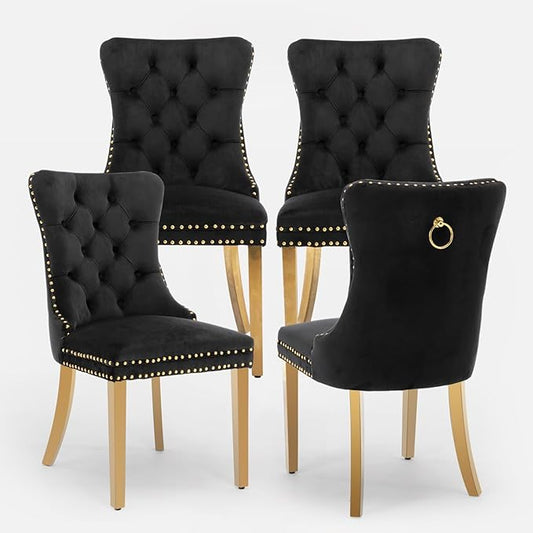 Velvet Upholstered Dining Chairs Set of 4, Modern Style Kitchen Side Chairs with Nailhead Trim and Gold Plated Leg, Metal Pulling Ring for Dining Room Living Room(Black,Set of 4)
