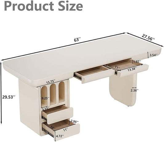 63 Inch White Writing Desk with Storage, Modern Computer Desk with 4 Drawers for Study, Wooden Executive Desk for Home Office
