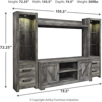 Signature Design by Ashley Wynnlow Rustic 4-Piece Entertainment Center for TVs up to 72" with LED Lighting and Adjustable Shelf, Gray
