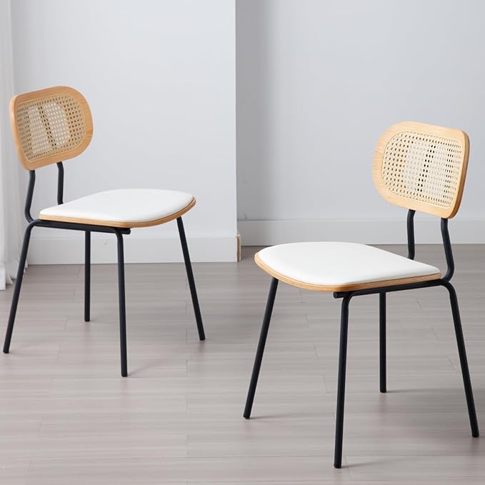 Mid-Century Modern Rattan Cane Back Dining Chairs Set of 2 — PU Leather Upholstered Seat, Black Metal Legs, Kitchen Side Chairs for Kitchen & Dining Room, White