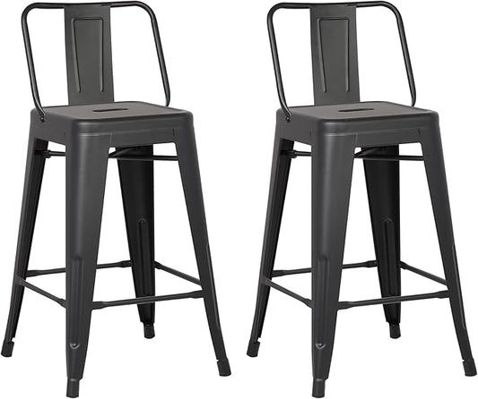 AC Pacific 24” Metal Barstool Set of 2 – Country Rustic Style with Low Back, Lightweight & Sturdy Build, Easy Assembly – Black Matte