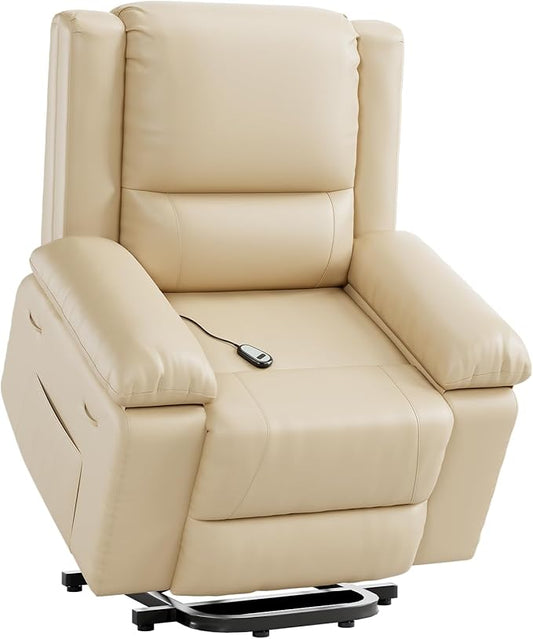 PU Leather Electric Power Lift Chair, Recliner Massage Chair with Remote Control and Side Pocket for Elderly, Power Lift Recliner Sofa with Heat and Massage for Living Room, Bedroom, Beige
