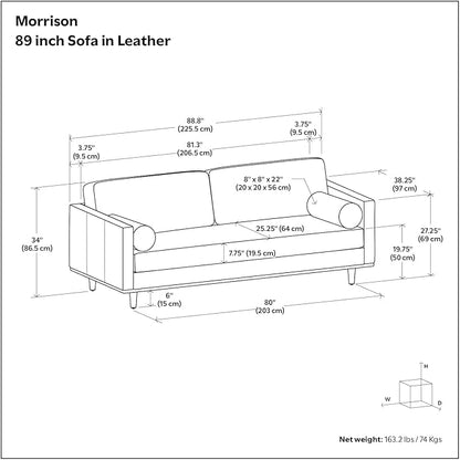 SIMPLIHOME Morrison 89-inch Wide Sofa in Sienna Top Grain Genuine Leather, Mid-Century Modern Design Couch for Living Room, Single Bench Cushion, 2 Back Cushions, 2 Bolster Pillows