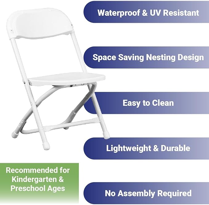 Set of 4 Plastic Kids Chairs - Blue Kids Folding Chairs with Metal Frame, Lightweight and Stackable for Camping, Beach, Classrooms, Desks, Parties & Events - Foldable Seats Indoor & Outdoor
