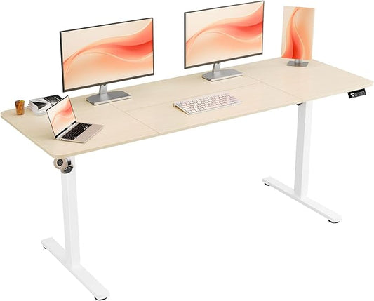 ERGOMAKER Electric Standing Desk, 67" x 23.6" Height Adjustable Sit Stand Desk with Splice Board for Home Office, Computer Desk Memory Preset (White Frame, Gold Oak Desktop)