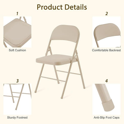 Khaki Folding Chairs 50 Pack with Comfortable Cushion and Back, 330LBS Capacity, Portable & Foldable Indoor Outdoor Chairs with Durable Metal Frame for Office Party Events Kitchen Dinning Wedding