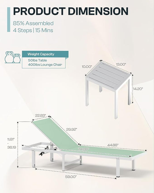 Pool Lounge Chairs Set of 2，Outdoor Lounge Chairs with Wheels and 5-Position Recliner -Easy to Move- Aluminum Patio Lounge Chair for Poolside, Deck (LightGreen)