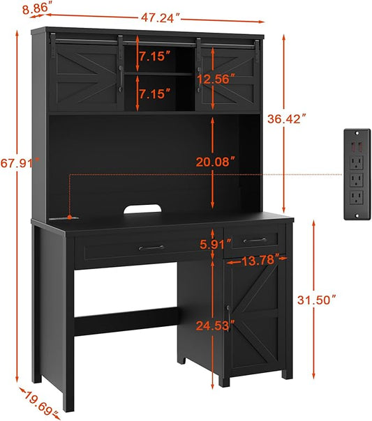 Vabches Farmhouse 47" Executive Desk, Computer Desk with 2 Drawers, Storage Cabinet and LED Light,Charging Hub, Home Office Desk with Hutch, Workstation for Home Office and Study(Pure Black
