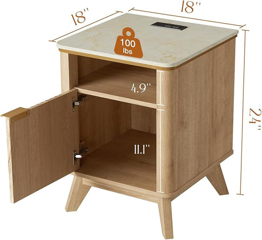 QUW Fluted Nightstands with Charging Station, 18" Modern Side Table, Wooden Bedside Table with Faux Marble Top, Open Storage, Cabinet, End Table for Bedroom, Living Room, Natural Oak