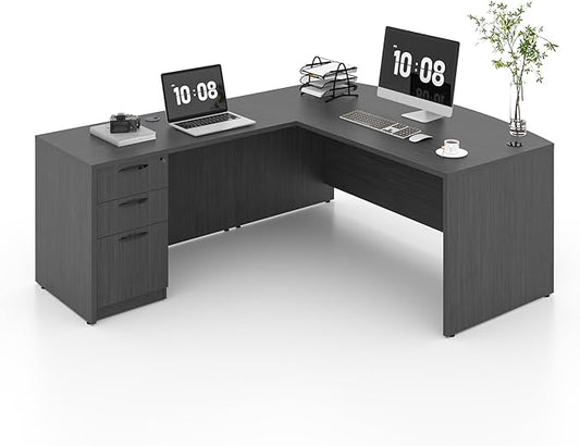82.67" x 66.93" Bow Front L-Shaped Executive Desk with 3-Drawer File Cabinet (Gray)