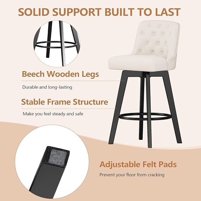 MINCETA Bar Stool, PU Leather Barstool, 30 Inch Upholstered Counter Stool with Low Tufted Back and Footrest, Swivel Counter Height Barstool for Kitchen Island Home Bar White