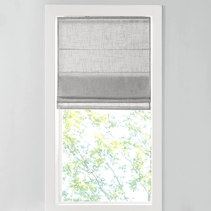 Madison Park Kyler Cordless Roman Shades - Single Panel, Lightweight Linen Blend Fabric, Natural Design, Easy Installation, Light Filtering Window Blind, Bedroom, Living Room Decor 27" W x 64" H Grey