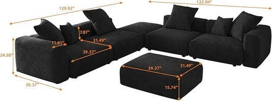 Oversized Modular Sectional Sofa with Ottomans,6 Seater Corduroy V Shaped Reversible Corner Couch,141.73" Convertible Sofa & Couch Free Combination for Living Rooom,Black
