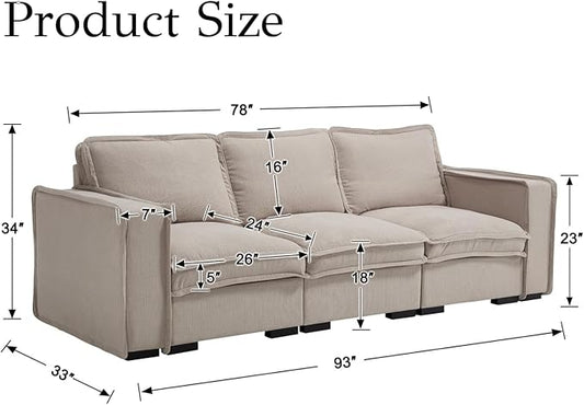 EALSON 93" Modular Sectional Sofa Modern Comfy 3-Seater Couch Sofa Linen Fabric Upholstered Cloud Couches with 24" Deep Seat and Wooden Legs for Bedroom/Living Room/Office, Oatmeal