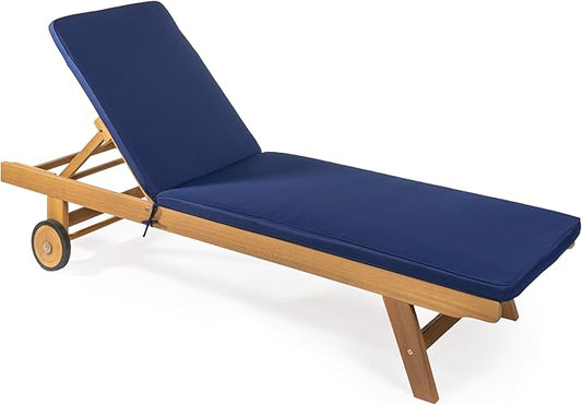 JONATHAN Y LNG1000B Mallorca 77.56"x23.62" Modern Classic Adjustable Acacia Wood Chaise Outdoor Lounge Chair with Cushion & Wheels Coastal, Bohemian, Minimalist, Traditional, Navy/Natural