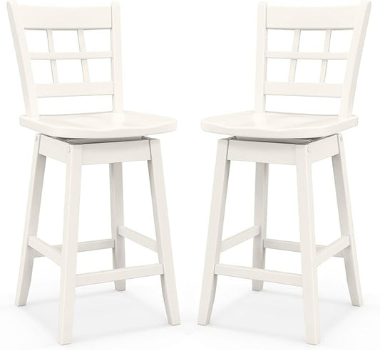 COSTWAY Swivel Bar Stools Set of 2, 24.5 Inch Counter Height Bar Chairs w/Hollow Backrest & Contoured Seat, Wooden Barstools w/Footrest for Kitchen Island, Pub, Bistro, Cafe (2, White)