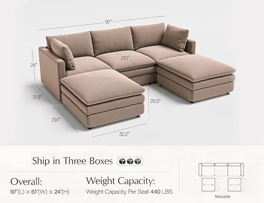 Sectional Couches for Living Room U Shaped Cloud Couch with Ottoman Deep Plush 5 Seats Sofa Modern Sofa for Apartment Brown