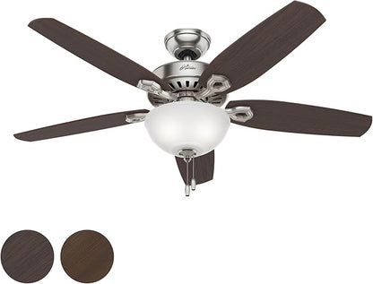 Hunter Fan 52 inch Traditional Brushed Nickel Ceiling Fan with Cased White Glass Light Kit, 5 Blade (Renewed)