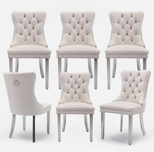 Velvet Upholstered Dining Chairs Set of 6, Modern Style Kitchen Side Chairs with Nailhead Trim and Silver Plated Leg, Metal Pulling Ring for Dining Room Living Room