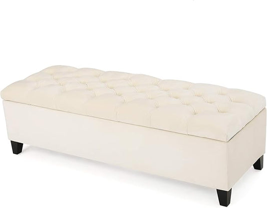Christopher Knight Home Ottilie Velvet Storage Ottoman, Ivory 17.5”D x 51.0”W x 17.00”H