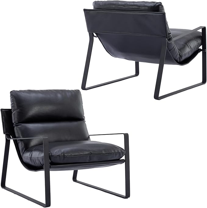 LukeAlon Modern PU Leather Accent Armchairs Set of 2, Upholstered Living Room Chairs with Metal Base Removable Thickened Cushion Sofa Chairs Comfy Lounge Chair for Bedroom Living Room Office, Black