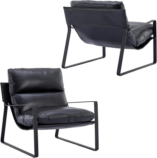 LukeAlon Modern PU Leather Accent Armchairs Set of 2, Upholstered Living Room Chairs with Metal Base Removable Thickened Cushion Sofa Chairs Comfy Lounge Chair for Bedroom Living Room Office, Black