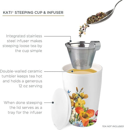 Tea Forte Double-Walled Ceramic Kati Cup, Removable Stainless Steel Infuser Basket and Lid, Steeps 12 oz Loose Leaf Tea, Dishwasher & Microwave Safe, Jubilee
