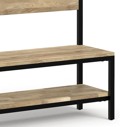SIMPLIHOME Westmont Hall Tree Bench - 40 inch Wide Solid Mango Wood Entryway Seat in Natural, Industrial Bench for Entryway or Hallway with Metal Frame, Coat Hooks and Open Shelf