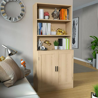 75" Tall Bookcase with Doors, 5 Tier Large Bookshelf with Cabinet, Standing Wood Display Book Shelf for Living Room, Office, Library with Doors, Oak