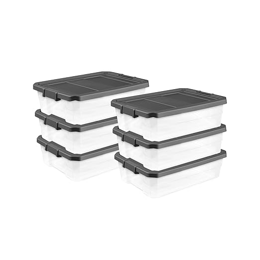 Sterilite 6-Pack Modular Stacker Box, Durable Clear Plastic Storage Bins with Latching Lids, 40 Quart - Stackable Organizing Container Boxes for Closet, Bathroom, and Office