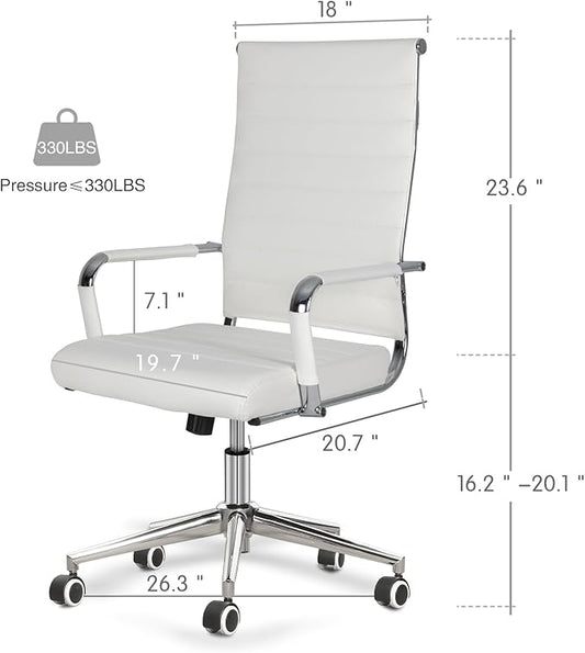 Home Office Chair Ribbed, Modern Leather Conference Room Chairs, Ergonomic Office Desk Chair, High Back Executive Computer Chair, Adjustable Swivel Chair with Arms (White)