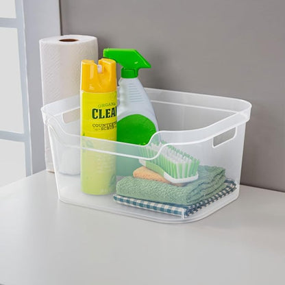 Sterilite 7 x 11 x 14.25 Inch Polished Open Scoop Front Storage Bin with Comfortable Carry Through Handles for Household Organization, Clear (18 Pack)
