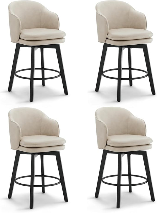 Counter Height Barstools 26 inch Upholstered Swivel Bar Stools with Back and Wood Legs for Kitchen Island,Set of 4,Beige PU Leather