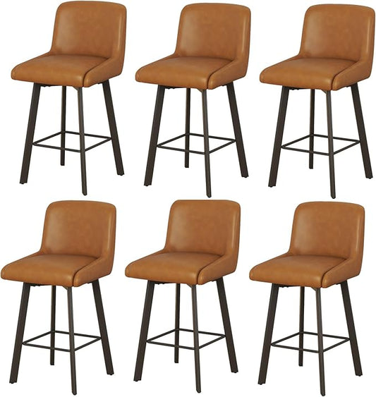 Swivel Counter Height Bar Stools Set of 6, 26''H Upholstered Barstools with Backs, Modern Bar Stool Chairs for Kitchen Island, Metal Legs, Faux Leather, Whiskey Brown Stools Counter Chair