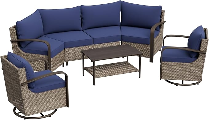 COOS BAY Aurora Terrace Half-Moon Outdoor Furniture Set, Rattan Conversation Set with Swivel Rockers, Curved 4-Seat Sofa, Coffee Table, Seats 6, Beige/Blue