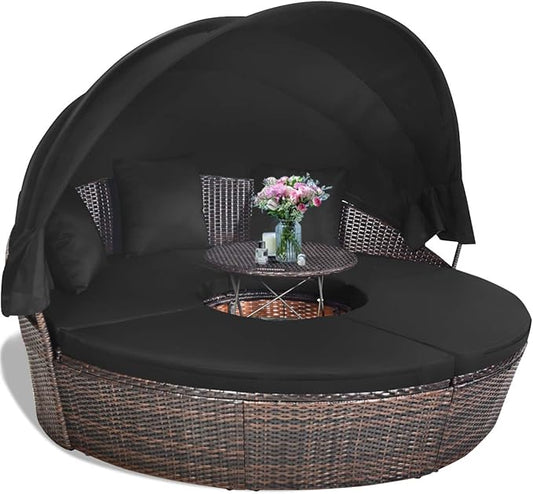 COSTWAY Patio Round Daybed with Retractable Canopy, Wicker Furniture Sectional Couch with Separate Cushioned Seats, Adjustable Table Top, Patio Rattan Daybed Sofa for Backyard, Poolside, Black
