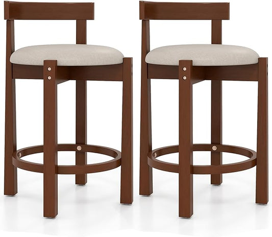 COSTWAY 24” Counter Height Bar Stools Set of 2, Linen Upholstered Bar Chairs with Backrests and Footrests, Wood High Barstools for Kitchen Island and Dining Room (Walnut)